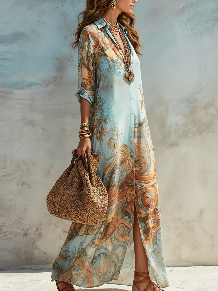 Urlaubsblaues Floralprint-Maxikleid