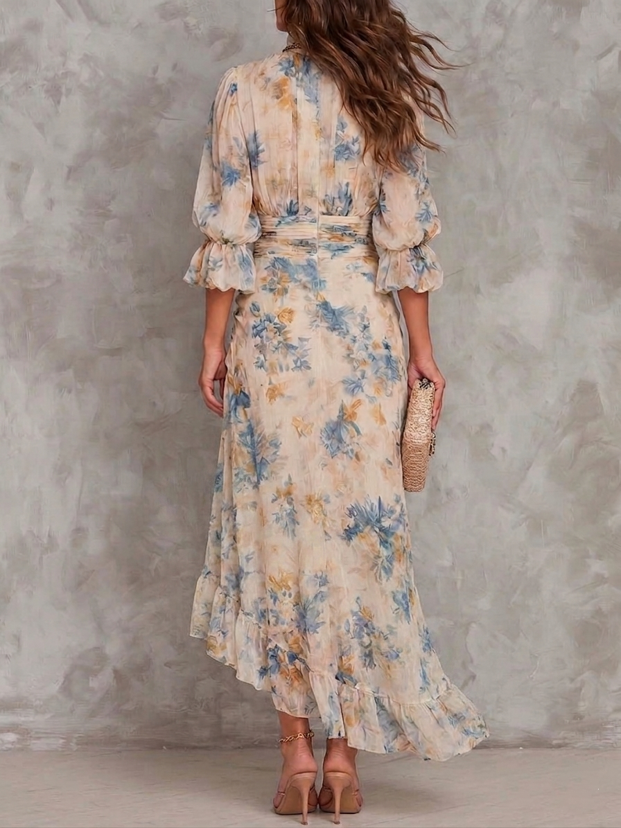 Beige Turtleneck Ölmalerei Blumenmuster Unregelmäßiges Chiffon Maxikleid