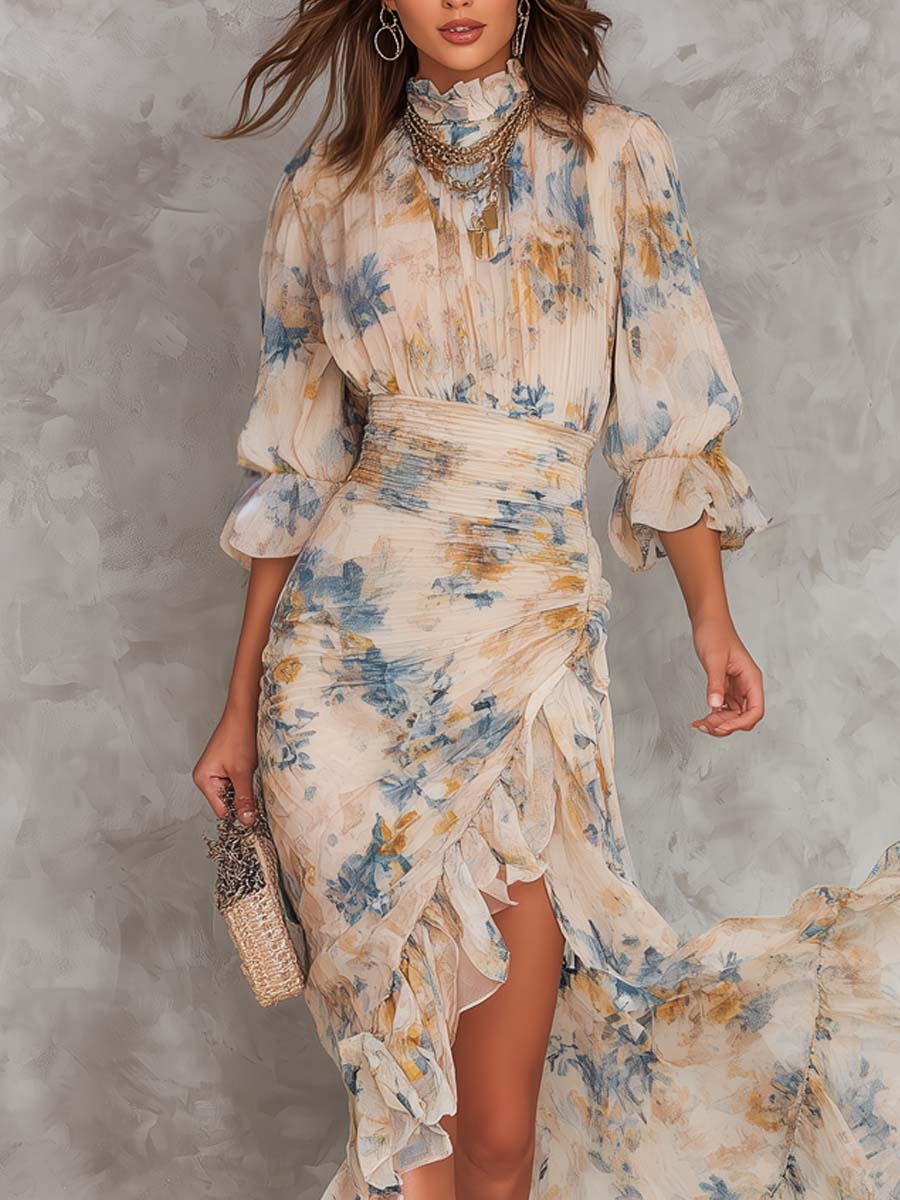 Beige Turtleneck Ölmalerei Blumenmuster Unregelmäßiges Chiffon Maxikleid