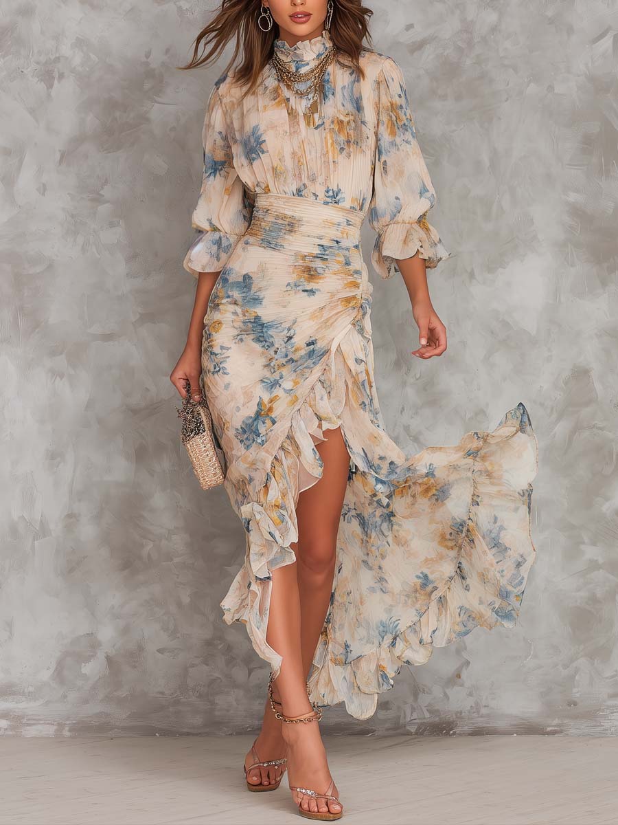 Beige Turtleneck Ölmalerei Blumenmuster Unregelmäßiges Chiffon Maxikleid