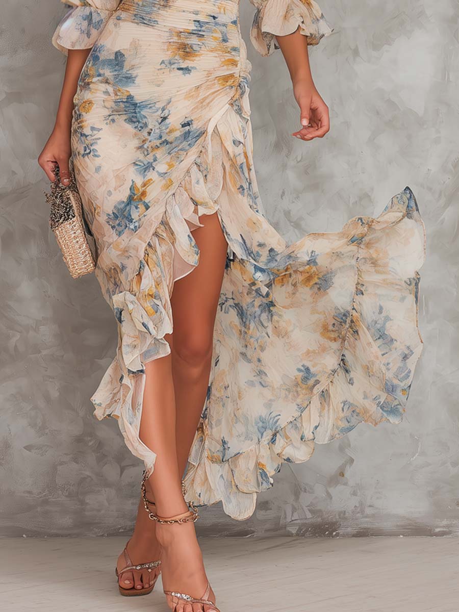 Beige Turtleneck Ölmalerei Blumenmuster Unregelmäßiges Chiffon Maxikleid