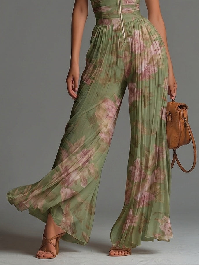 Grüner Floral V-Ausschnitt Ärmelloser Reißverschluss Faltenweiter Chiffon Jumpsuit