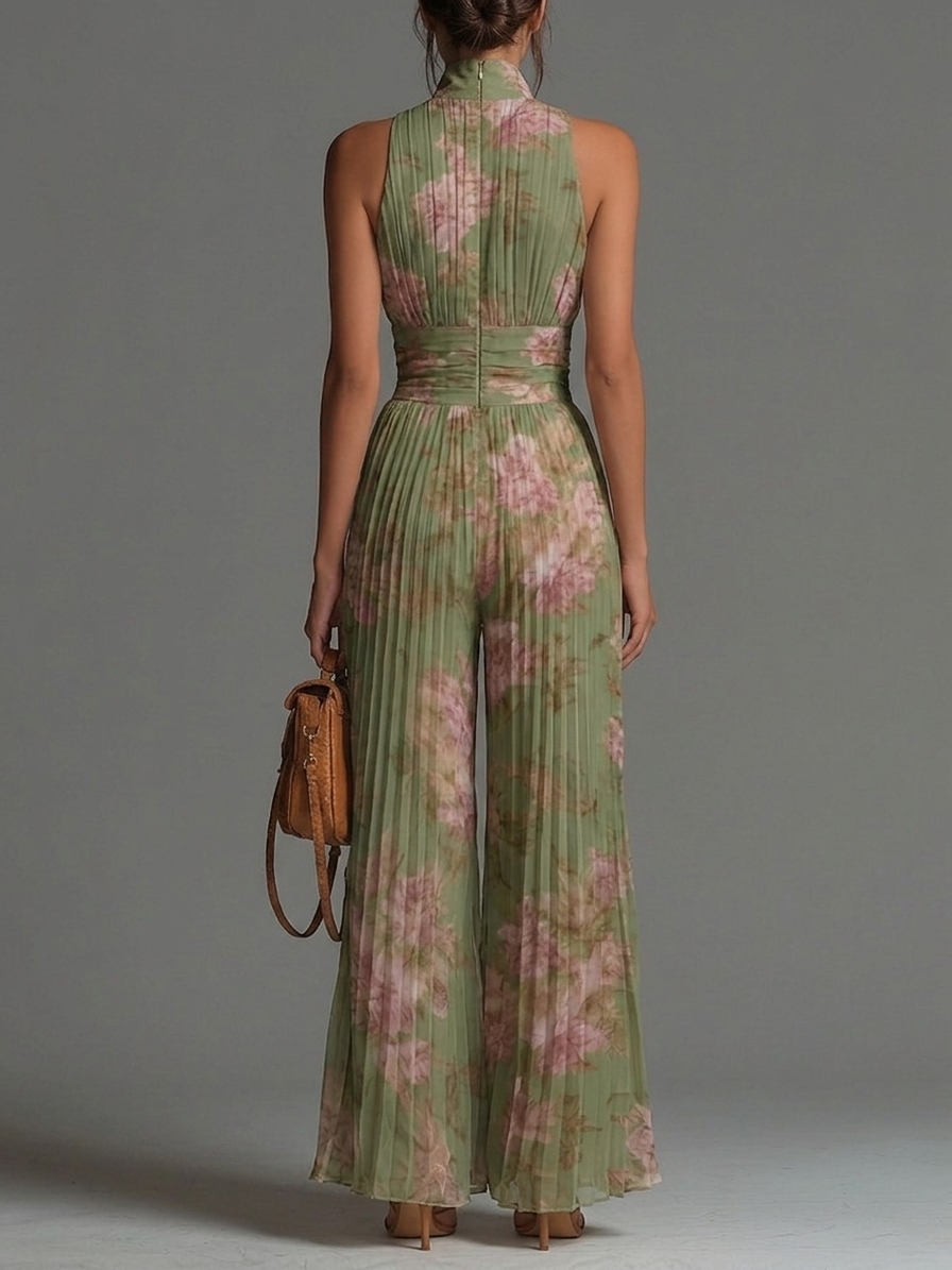 Grüner Floral V-Ausschnitt Ärmelloser Reißverschluss Faltenweiter Chiffon Jumpsuit