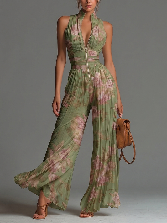 Grüner Floral V-Ausschnitt Ärmelloser Reißverschluss Faltenweiter Chiffon Jumpsuit