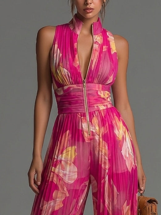 Fuchsia Blumenmuster Ärmelloses Reißverschluss Falten Weitbein Chiffon Jumpsuit