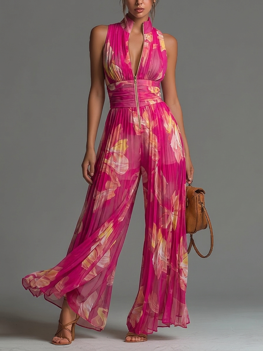 Fuchsia Blumenmuster Ärmelloses Reißverschluss Falten Weitbein Chiffon Jumpsuit