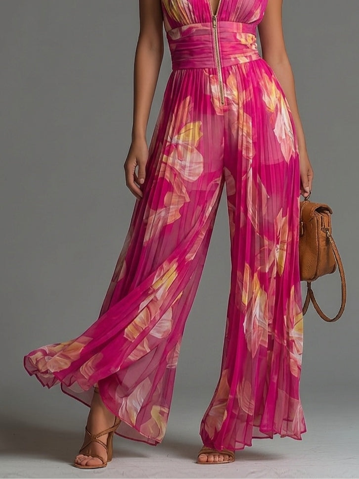 Fuchsia Blumenmuster Ärmelloses Reißverschluss Falten Weitbein Chiffon Jumpsuit