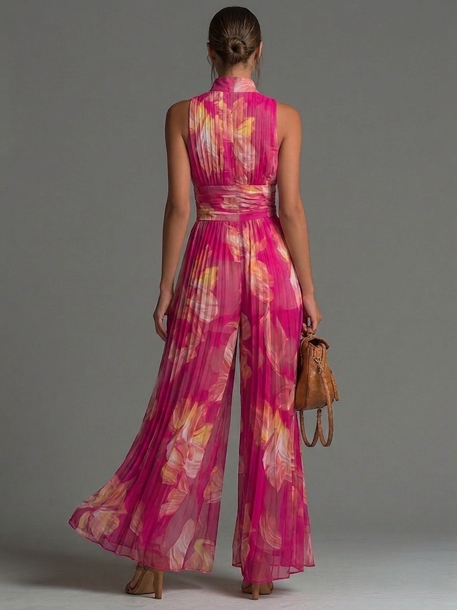 Fuchsia Blumenmuster Ärmelloses Reißverschluss Falten Weitbein Chiffon Jumpsuit