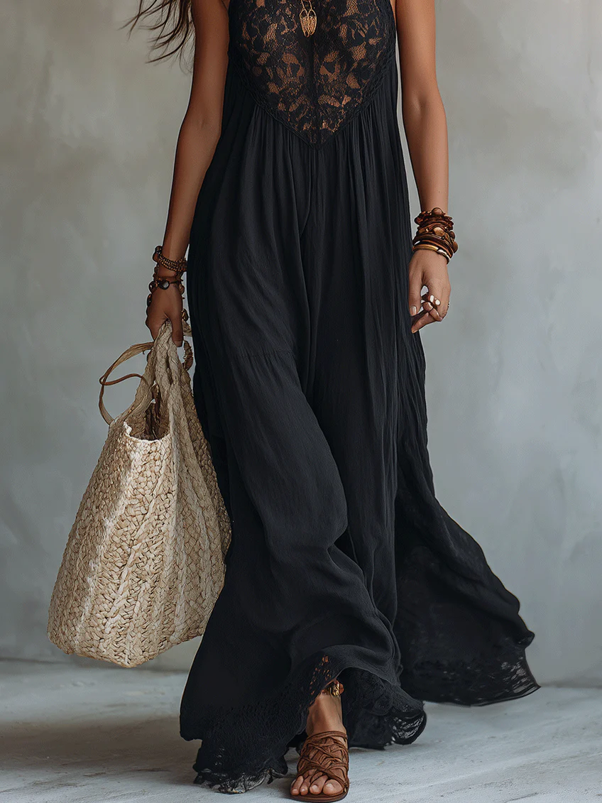 Bohemian Schwarzes Ärmelloses Maxikleid mit Spitzenbesatz