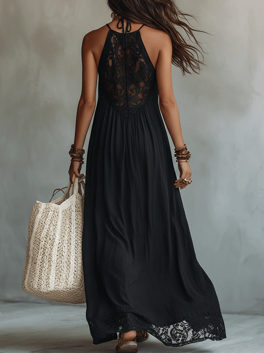 Bohemian Schwarzes Ärmelloses Maxikleid mit Spitzenbesatz