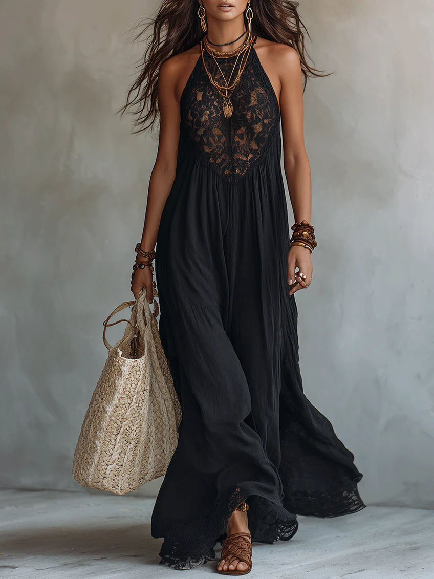 Bohemian Schwarzes Ärmelloses Maxikleid mit Spitzenbesatz