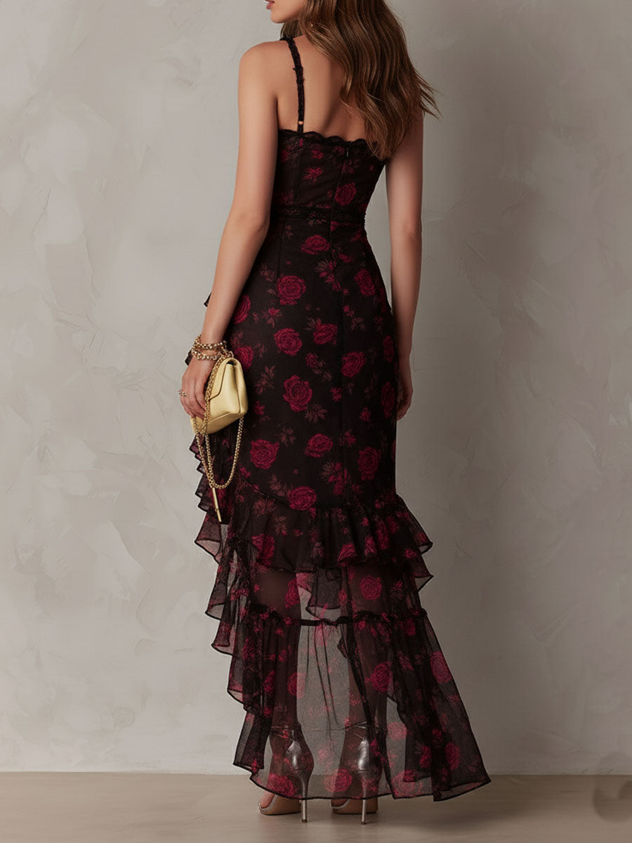 Renate™ | Elegantes Boho-Maxikleid mit Rosen-Print und Rüschen