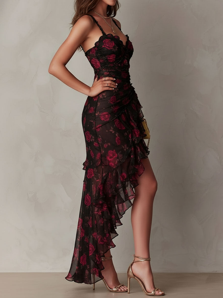 Renate™ | Elegantes Boho-Maxikleid mit Rosen-Print und Rüschen