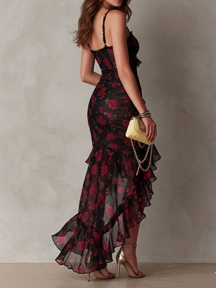 Renate™ | Elegantes Boho-Maxikleid mit Rosen-Print und Rüschen