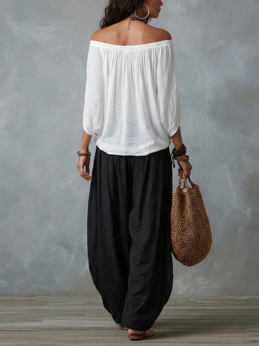 Weißes Off-Shoulder-Top und lockere Laternenhose Set