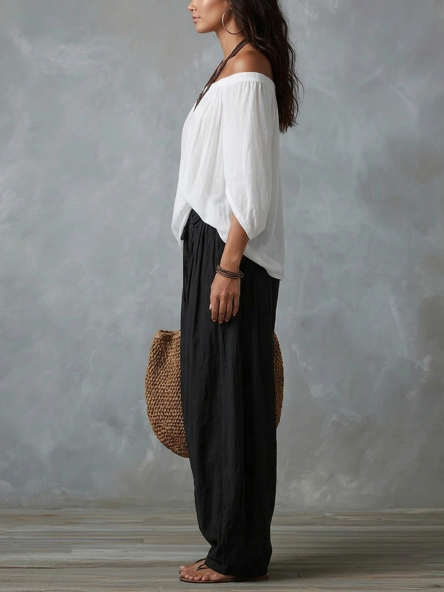 Weißes Off-Shoulder-Top und lockere Laternenhose Set