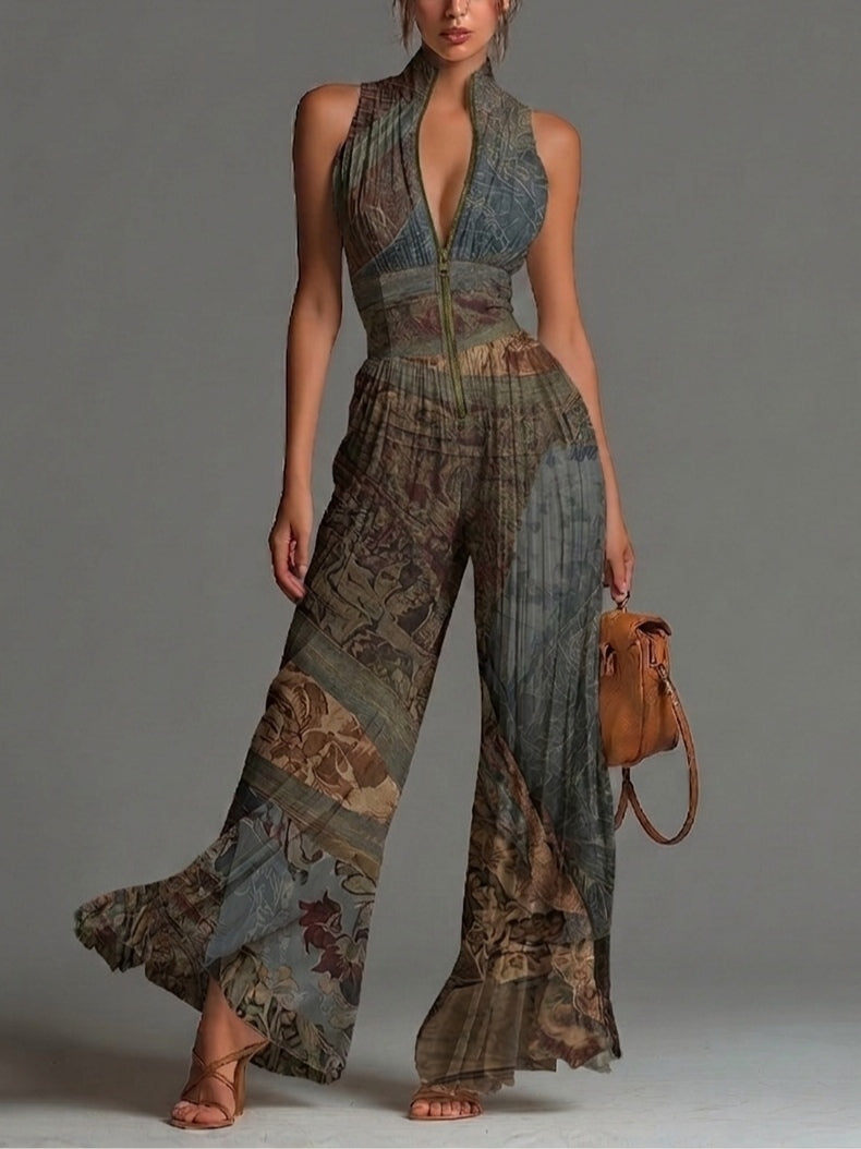Bohemian Ethnischer Druck Ärmelloser Reißverschluss Plissierter Weitbein Chiffon Jumpsuit