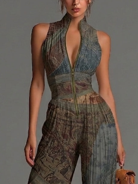 Bohemian Ethnischer Druck Ärmelloser Reißverschluss Plissierter Weitbein Chiffon Jumpsuit