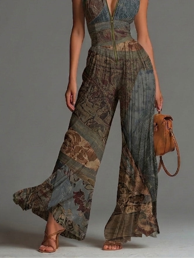 Bohemian Ethnischer Druck Ärmelloser Reißverschluss Plissierter Weitbein Chiffon Jumpsuit