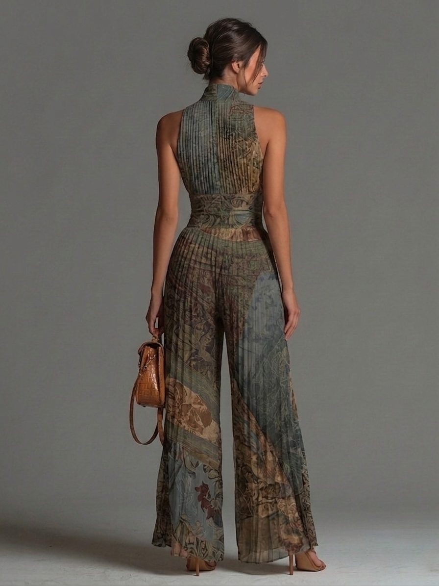 Bohemian Ethnischer Druck Ärmelloser Reißverschluss Plissierter Weitbein Chiffon Jumpsuit