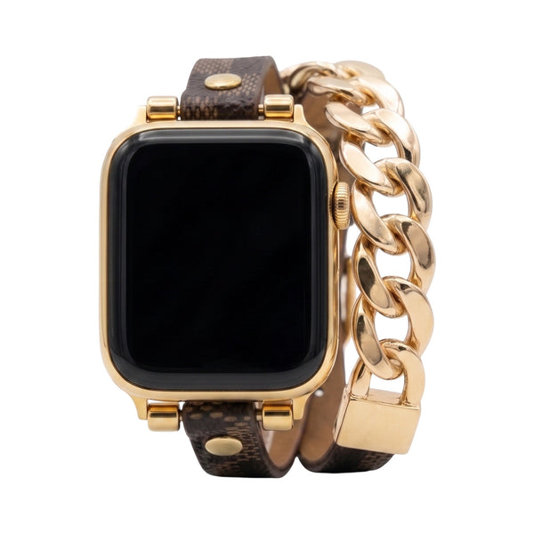 Harmania - Brățară compatibilă cu Apple Watch, dublu tur brun cu model, lanț cubanez auriu, închidere ajustabilă