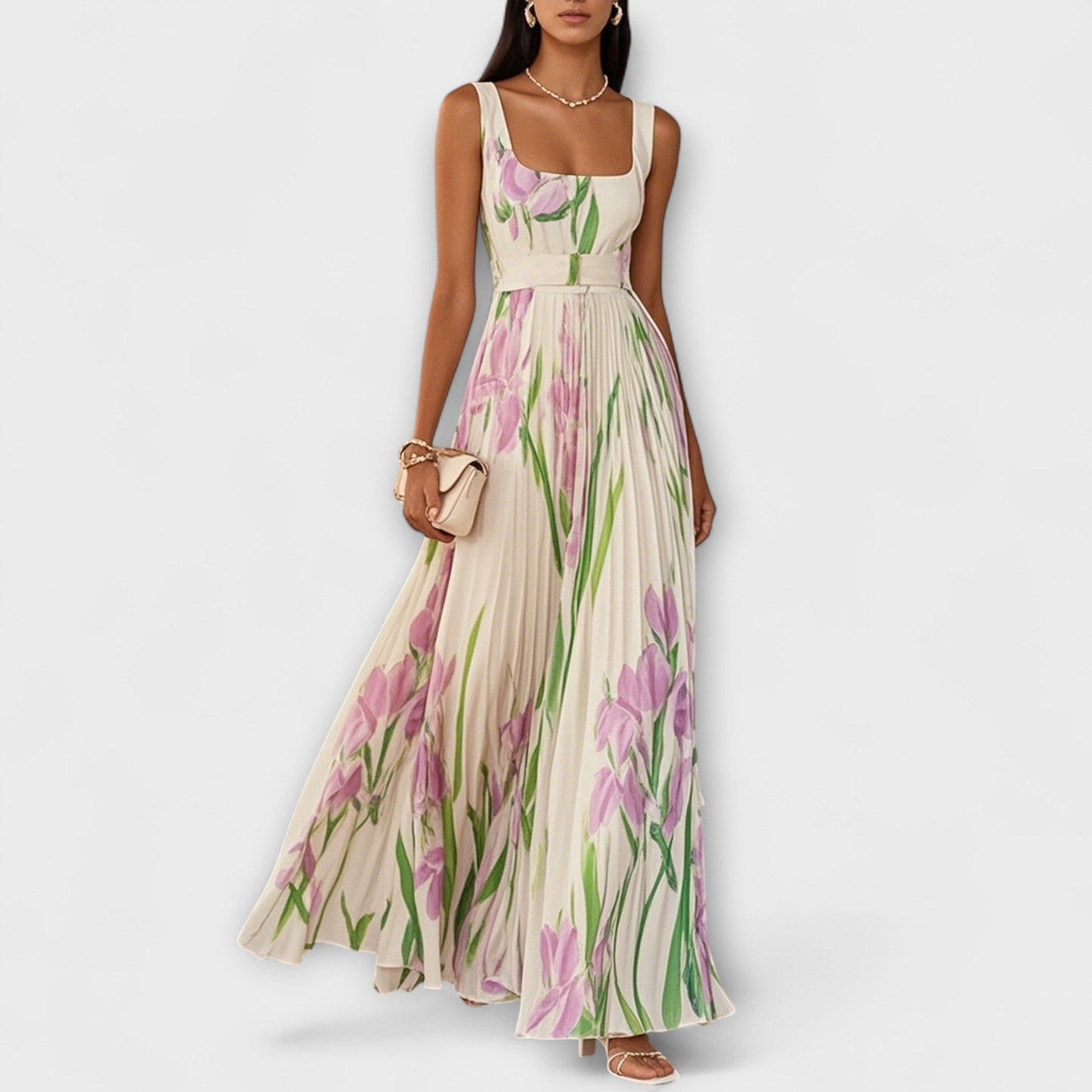 Gefaltetes florales Chiffon Maxikleid