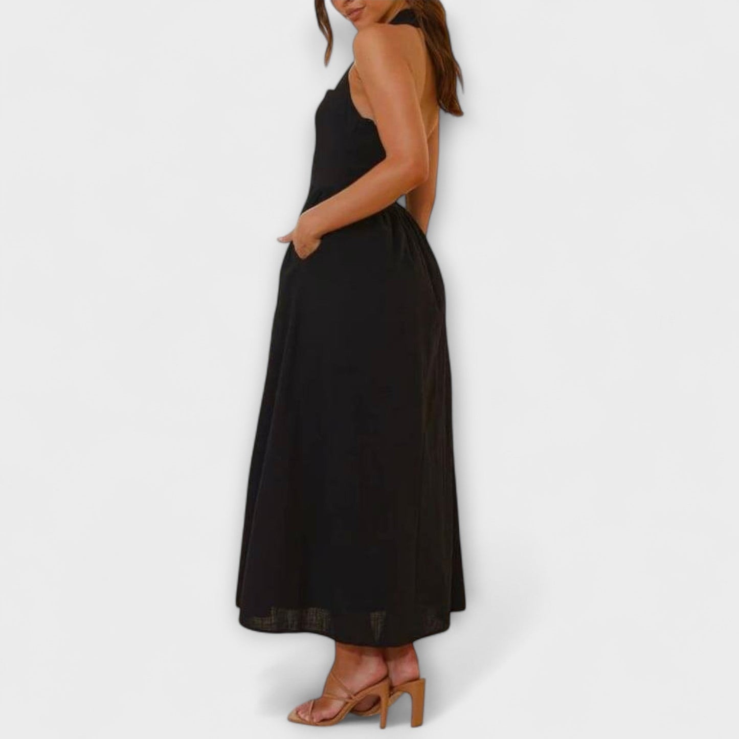 Lydia - Mid-Length Schwarzes Halterkleid mit Taillendetail