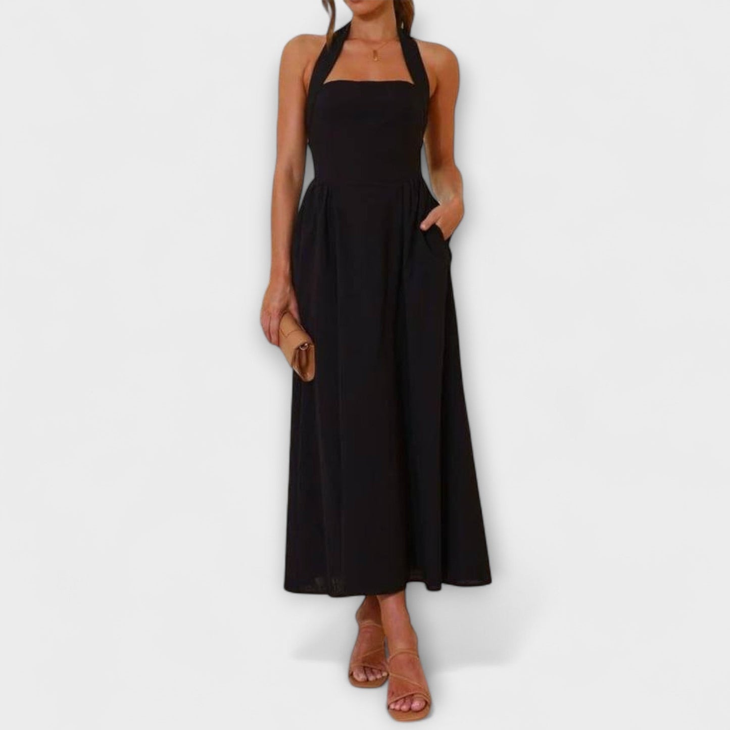 Lydia - Mid-Length Schwarzes Halterkleid mit Taillendetail