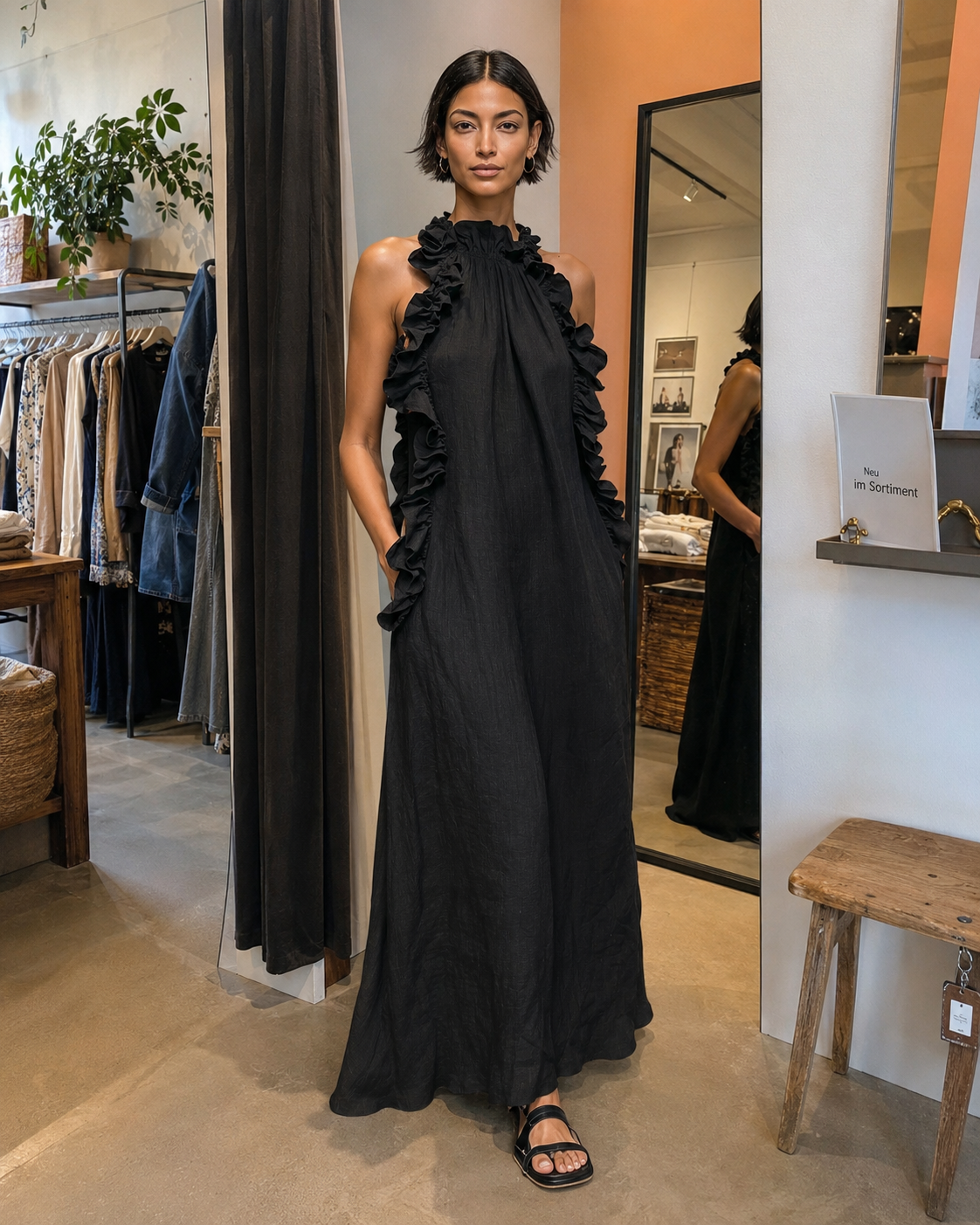 Helene | Ärmelloses Leinen-Maxikleid mit Rüschen