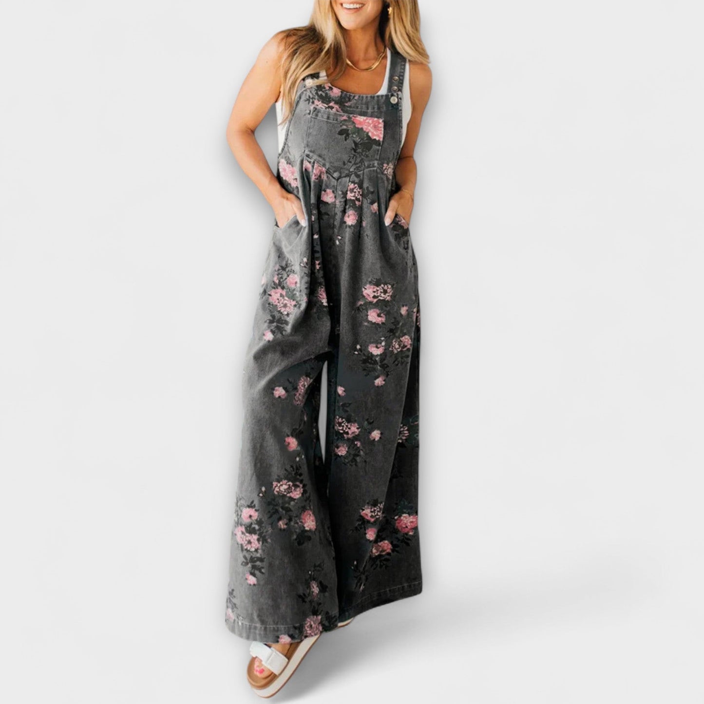 Bethany - Blumenmuster Weite Denim Latzhose