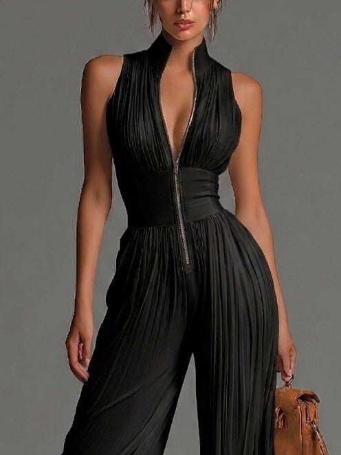 Schwarzer V-Ausschnitt Ärmelloser Reißverschluss Faltenweiter Chiffon Jumpsuit