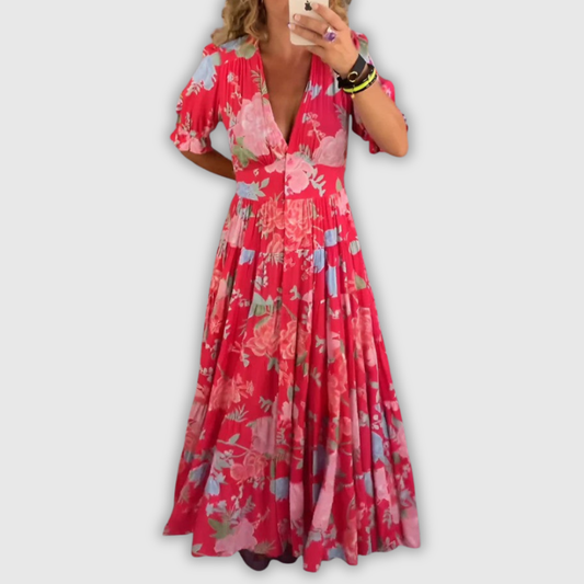 Minelda | Elegantes Blumen V-Ausschnitt Kleid