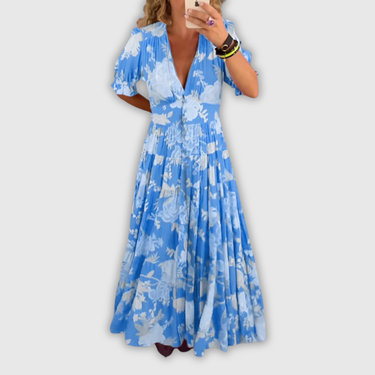Minelda | Elegantes Blumen V-Ausschnitt Kleid