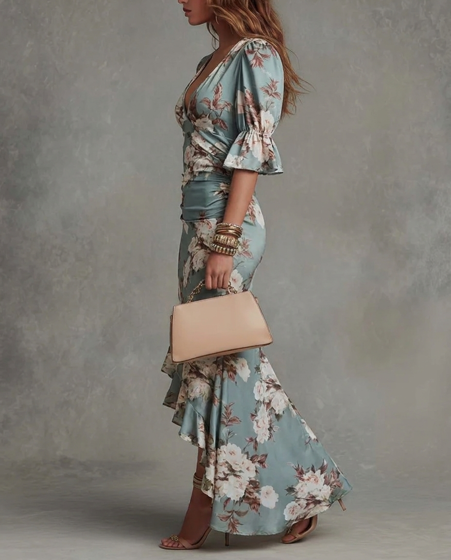 Grünes Floral Rüschenglockenärmel V-Ausschnitt Satin Asymmetrisches Maxikleid