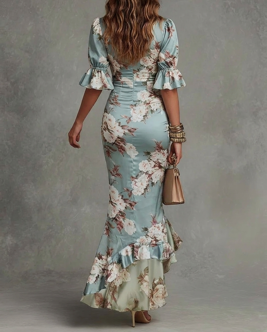 Grünes Floral Rüschenglockenärmel V-Ausschnitt Satin Asymmetrisches Maxikleid