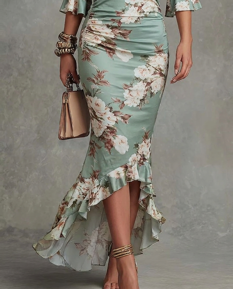 Grünes Floral Rüschenglockenärmel V-Ausschnitt Satin Asymmetrisches Maxikleid