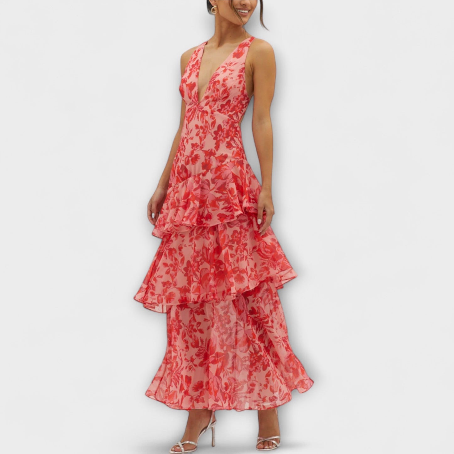 Domenica - Chiffonkleid mit V-Ausschnitt und fliessenden Lagen