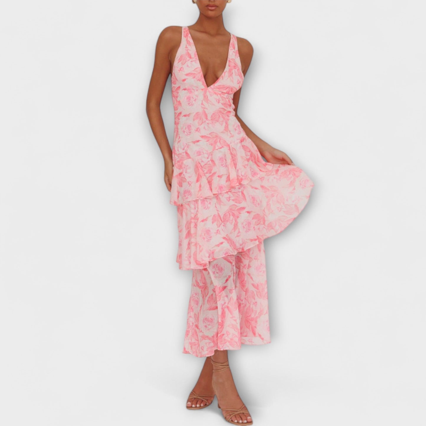 Domenica - Chiffonkleid mit V-Ausschnitt und fliessenden Lagen